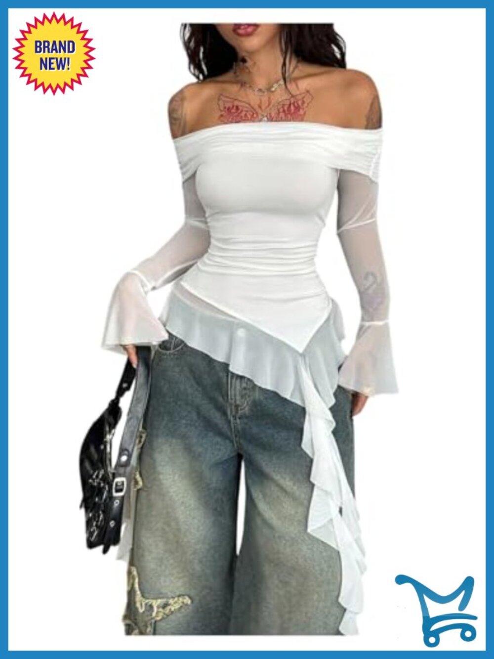 Women's Off Shoulder Ruffle Top Asymmetrical Sheer Mesh Bell Sleeve